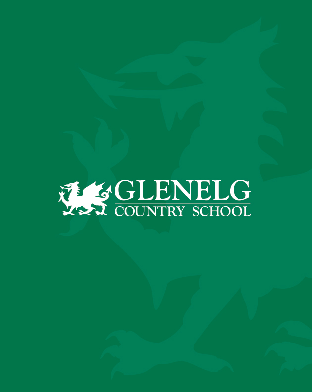 A green cover with a faint dragon image in the background with an all-white version of the school logo on top.