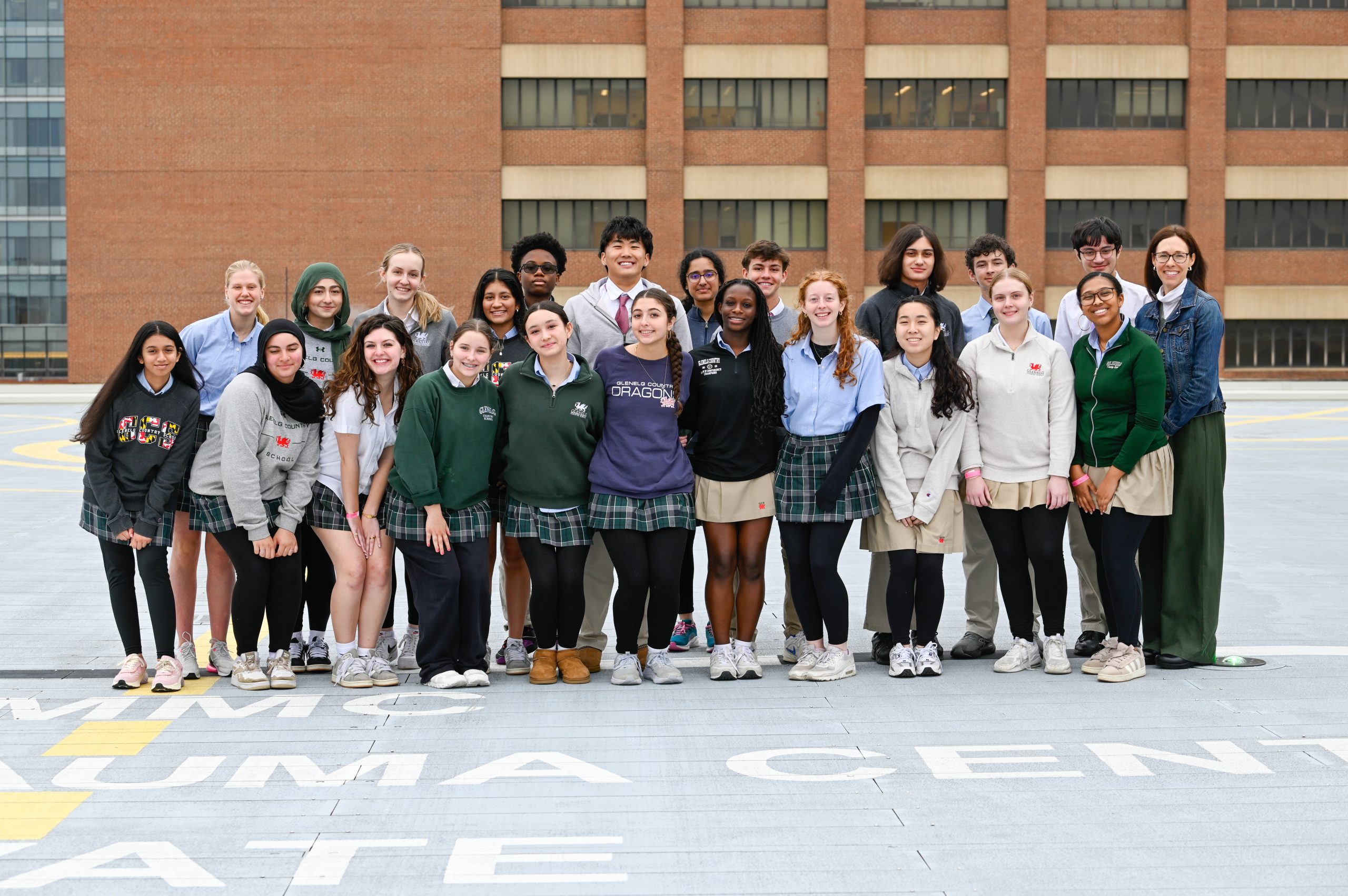 Students stand on the helipad atop the R. Adams Crowley Shock Trauma Center.